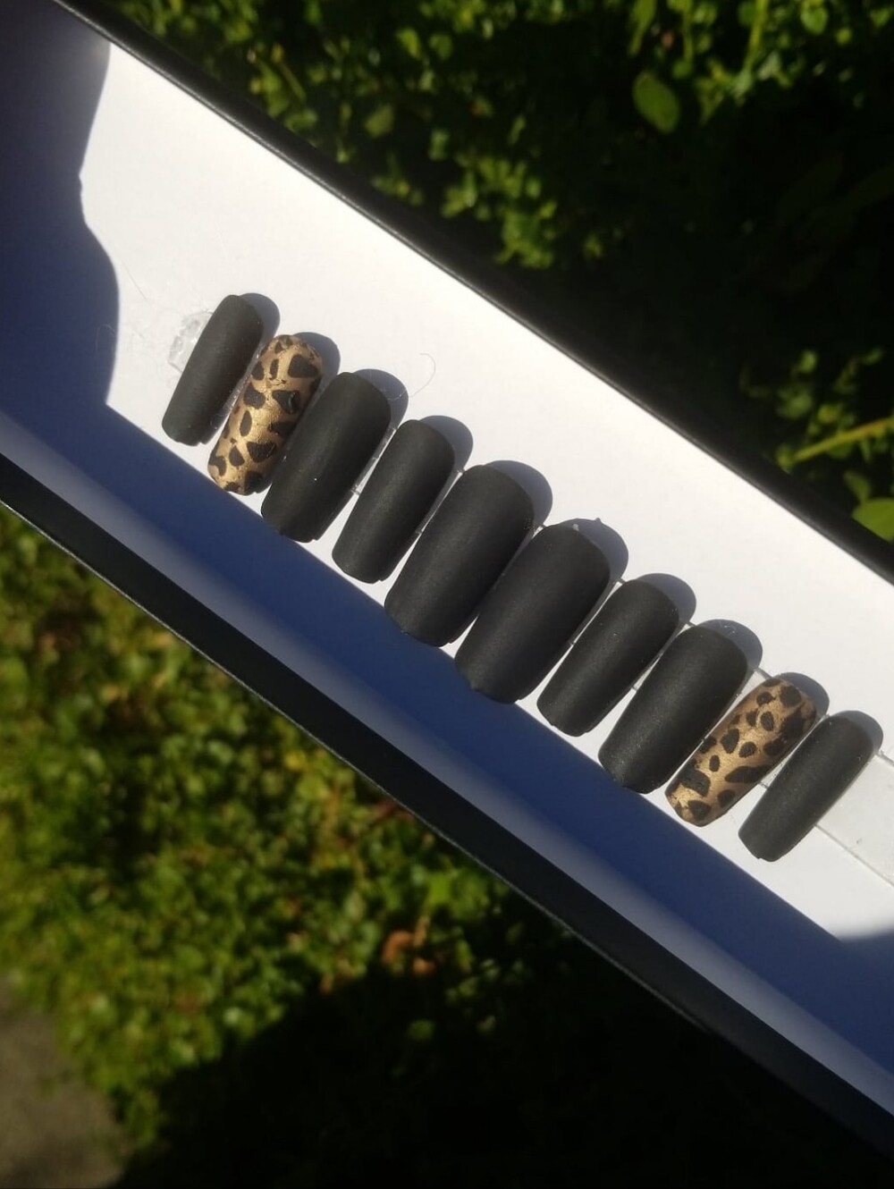 Matte Black Press-On Nails with Leopard Accent